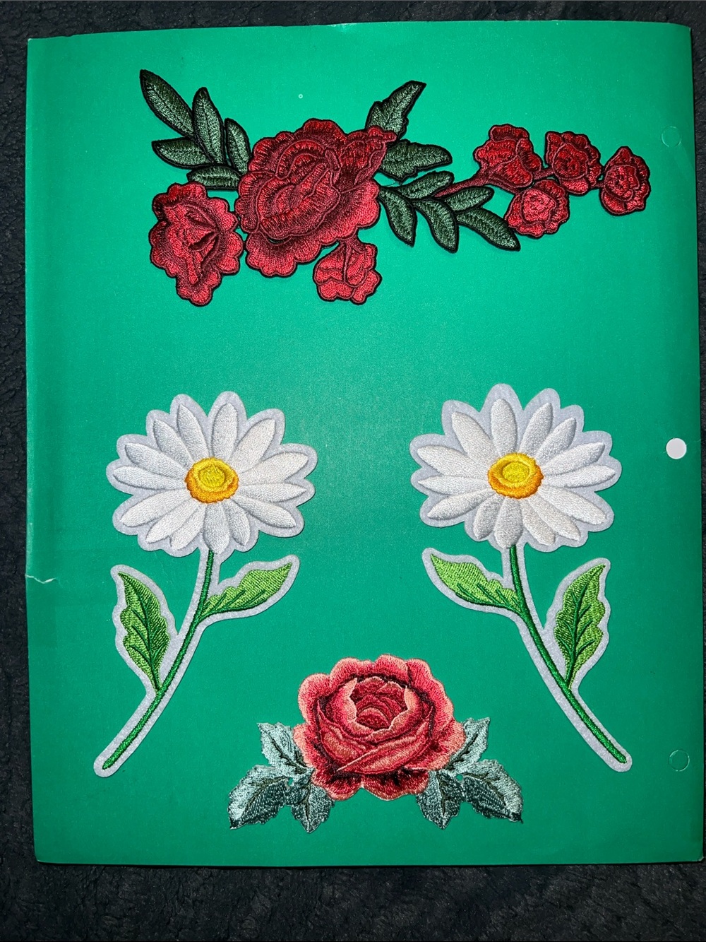 Embroidered Floral Iron-On Patch Set – Red Roses & White Daisies (set of 4)
